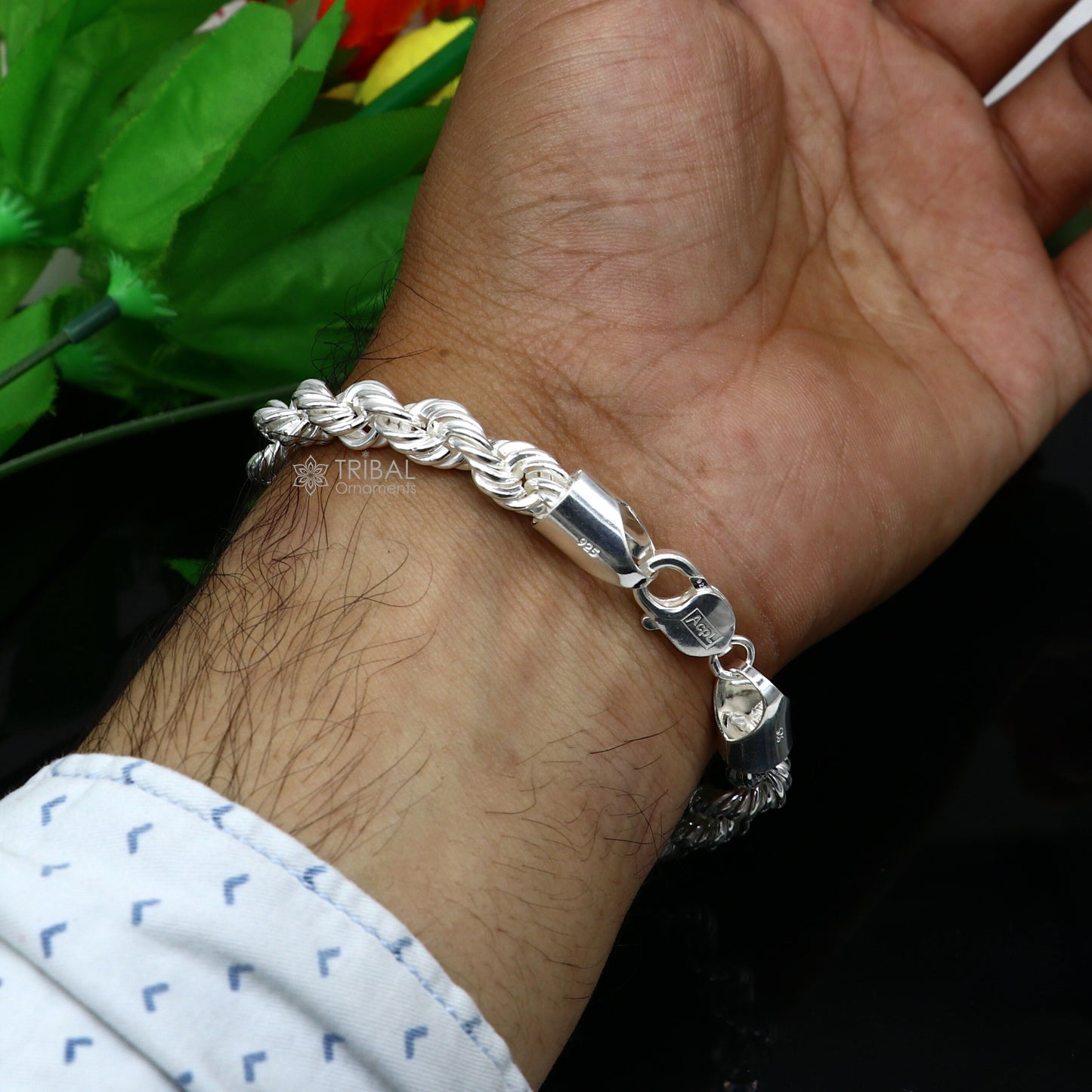 8mm 925 sterling silver men's rope chain bracelet, 8.5 inches, flexible heavy jewelry by TRIBAL ORNAMENTS
