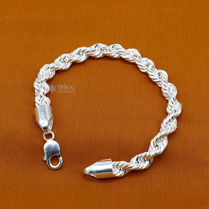 8mm 925 sterling silver men's rope chain bracelet, 8.5 inches, flexible and heavy, tribal ornaments jewelry.