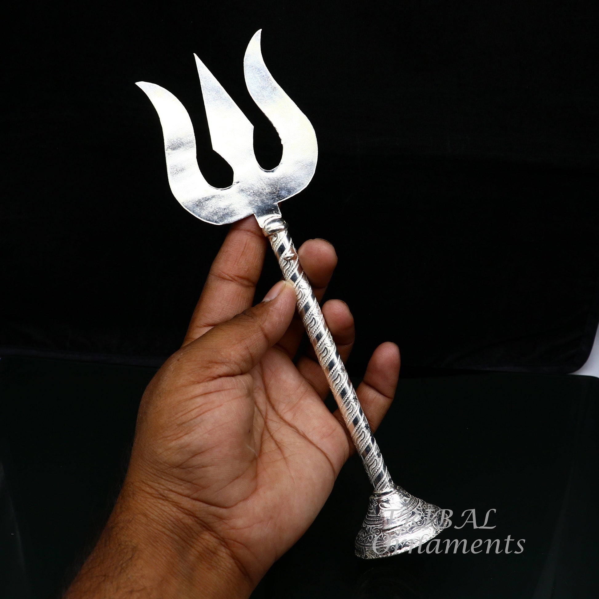 9.5" 925 sterling silver customized lord Shiva trident with small Damaru, silver article, silver temple accessories, shiva trishul su856 - TRIBAL ORNAMENTS