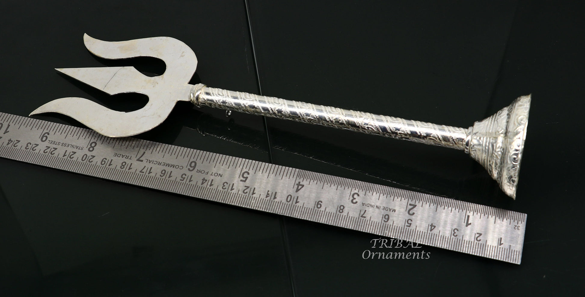 9.5" 925 sterling silver customized lord Shiva trident with small Damaru, silver article, silver temple accessories, shiva trishul su856 - TRIBAL ORNAMENTS
