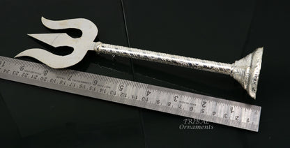 9.5" 925 sterling silver customized lord Shiva trident with small Damaru, silver article, silver temple accessories, shiva trishul su856 - TRIBAL ORNAMENTS