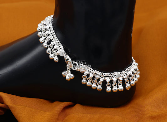 9.5" Long handmade sterling silver amazing noisy bells ankle bracelet, gorgeous charm anklets customized belly dance gifting jewelry ank468 - TRIBAL ORNAMENTS