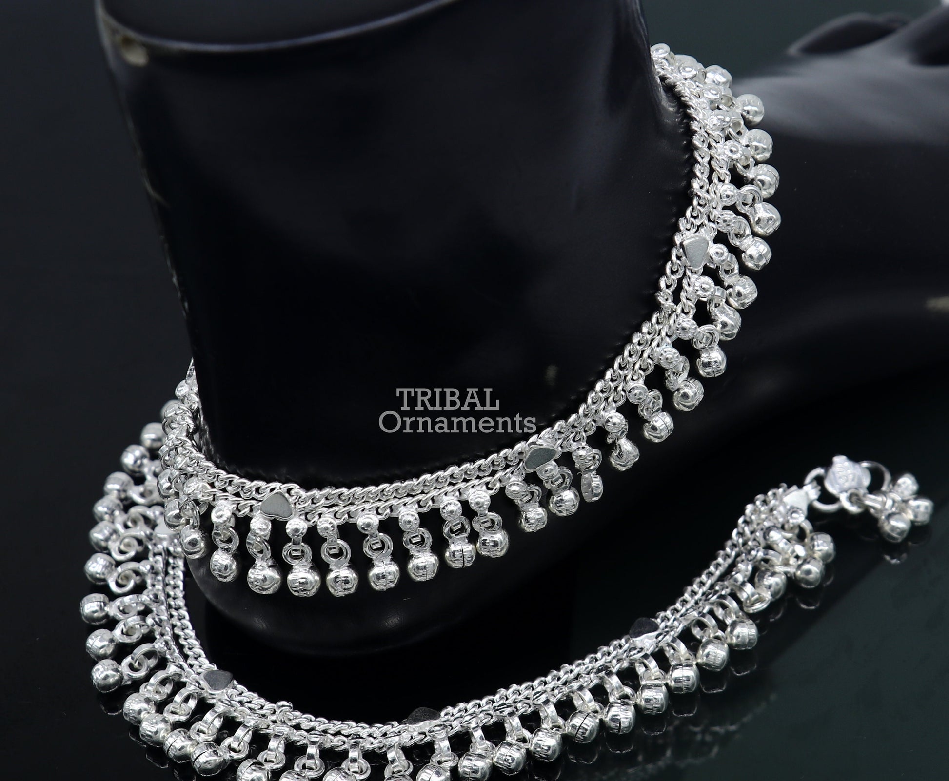 9.5" Long handmade sterling silver amazing noisy bells ankle bracelet, gorgeous charm anklets customized belly dance gifting jewelry ank468 - TRIBAL ORNAMENTS