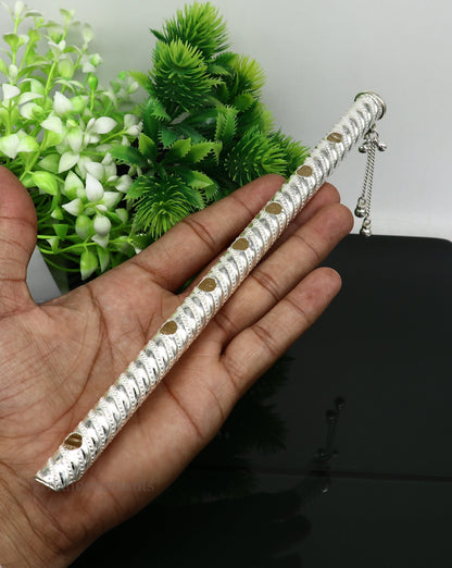 9" long handmade sterling silver Hindu god Lord Krishna flute, stunning divine Krishna gifting silver Bansuri flute, puja utensils su393 - TRIBAL ORNAMENTS