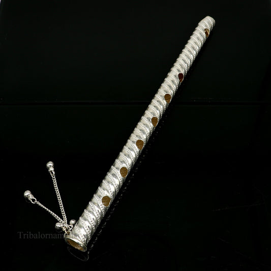 9" long handmade sterling silver Hindu god Lord Krishna flute, stunning divine Krishna gifting silver Bansuri flute, puja utensils su393 - TRIBAL ORNAMENTS