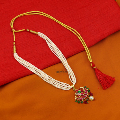 Sterling silver tribal jewelry set with green and red kundan stone pendant, trendy necklace with multiline pearl strings.
