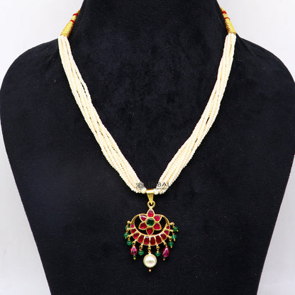 Sterling silver tribal jewelry set with green and red kundan stones, trendy necklace with multi-strand pearls and pendant.