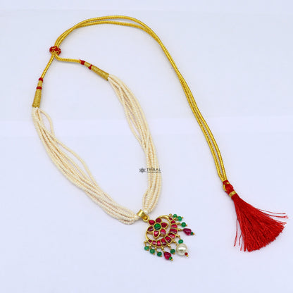 Sterling silver tribal jewelry set with green and red kundan stone pendant, trendy necklace with multiline pearl strings