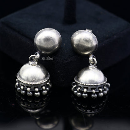 Sterling silver tribal jhumki earring with intricate exclusive design, small stud style, ethnic tribal jewelry by TRIBAL ORNAMENTS