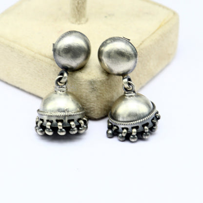 Sterling silver small stud earring with tribal jhumki design, featuring exclusive ethnic tribal jewelry by TRIBAL ORNAMENTS.