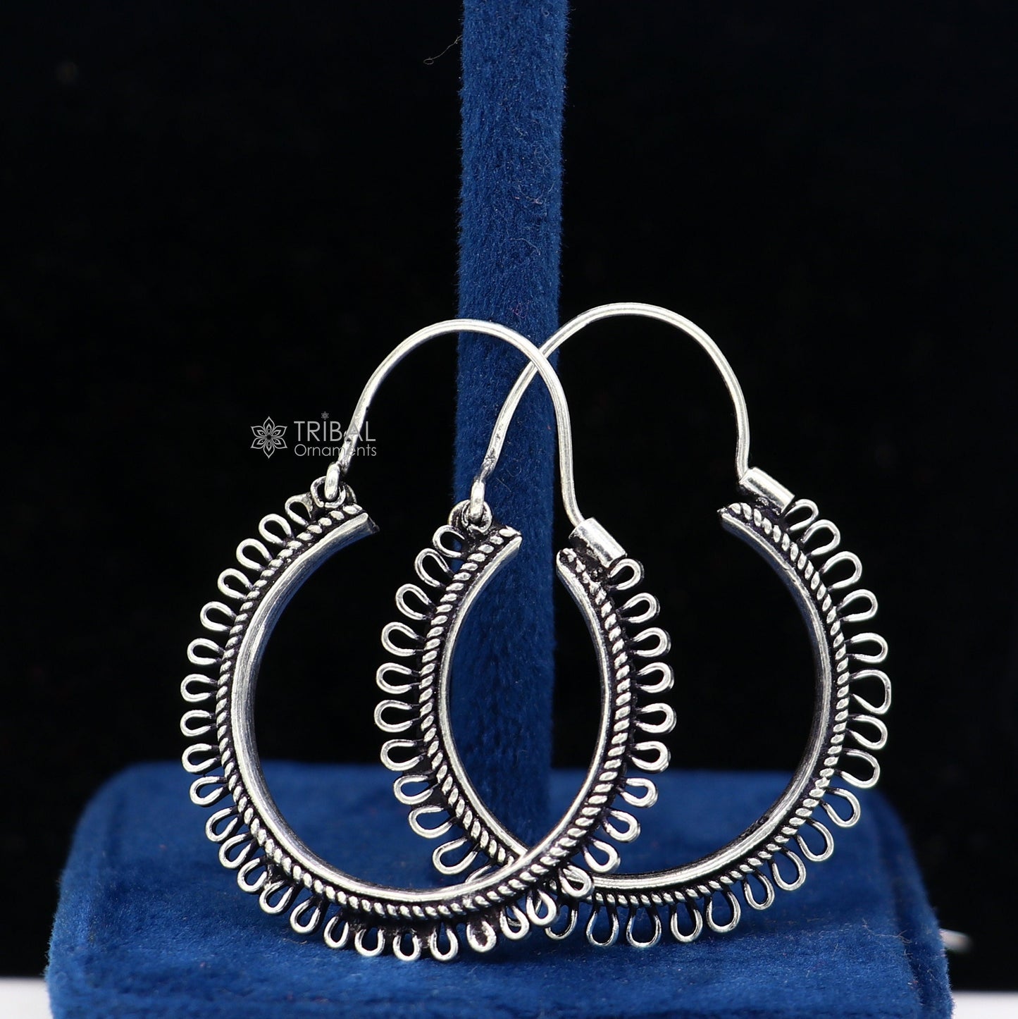 Sterling silver tribal hoop earrings with unique round design, ethnic style, hanging earrings, jewelry by TRIBAL ORNAMENTS