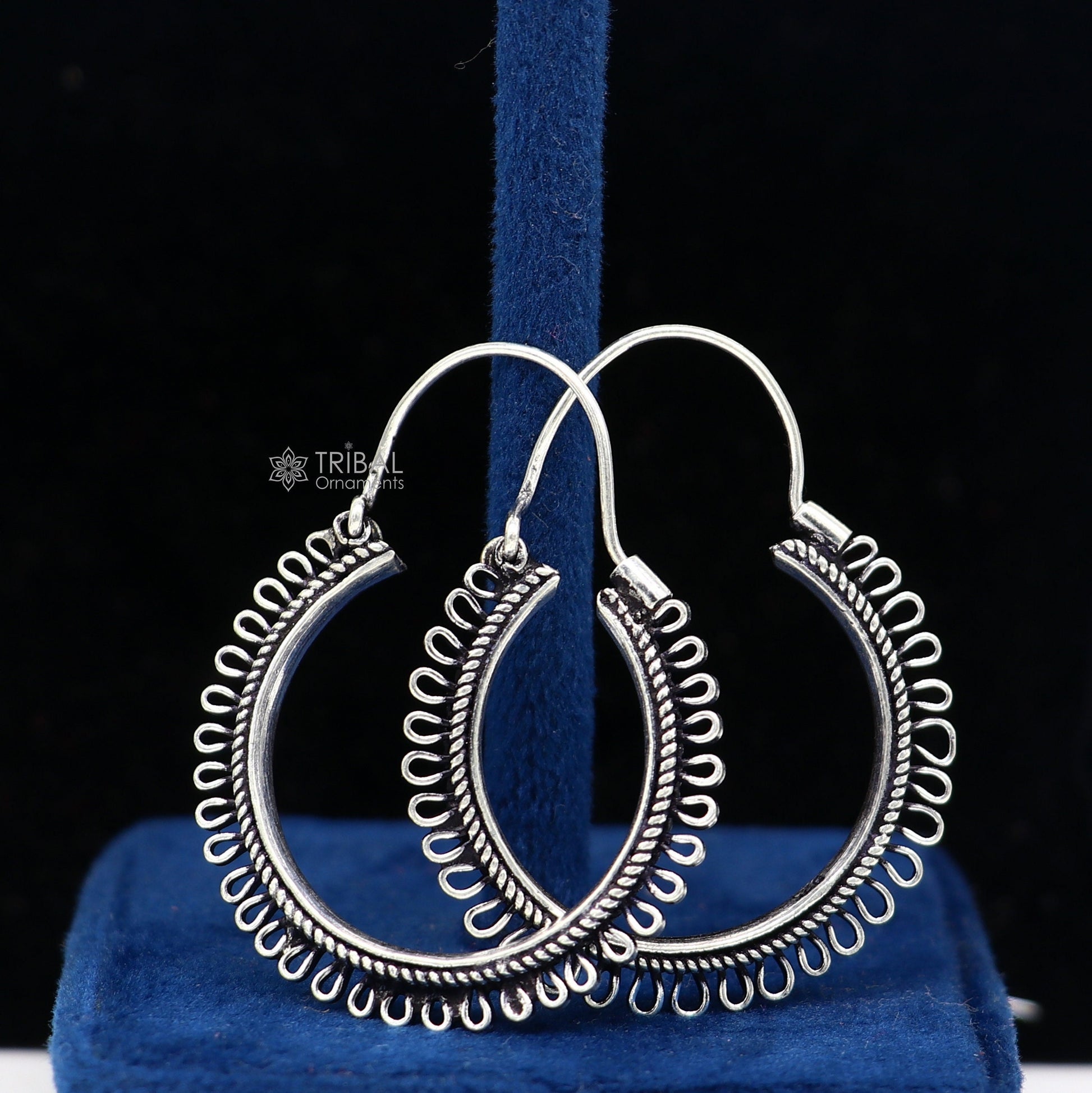 Sterling silver tribal hoop earrings with unique round design, ethnic style, hanging earrings, jewelry by TRIBAL ORNAMENTS