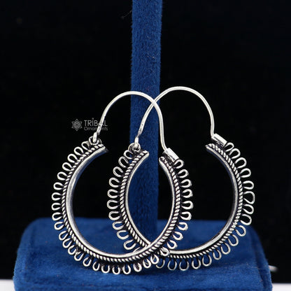 Sterling silver tribal hoop earrings with unique round design, ethnic style, hanging earrings, jewelry by TRIBAL ORNAMENTS