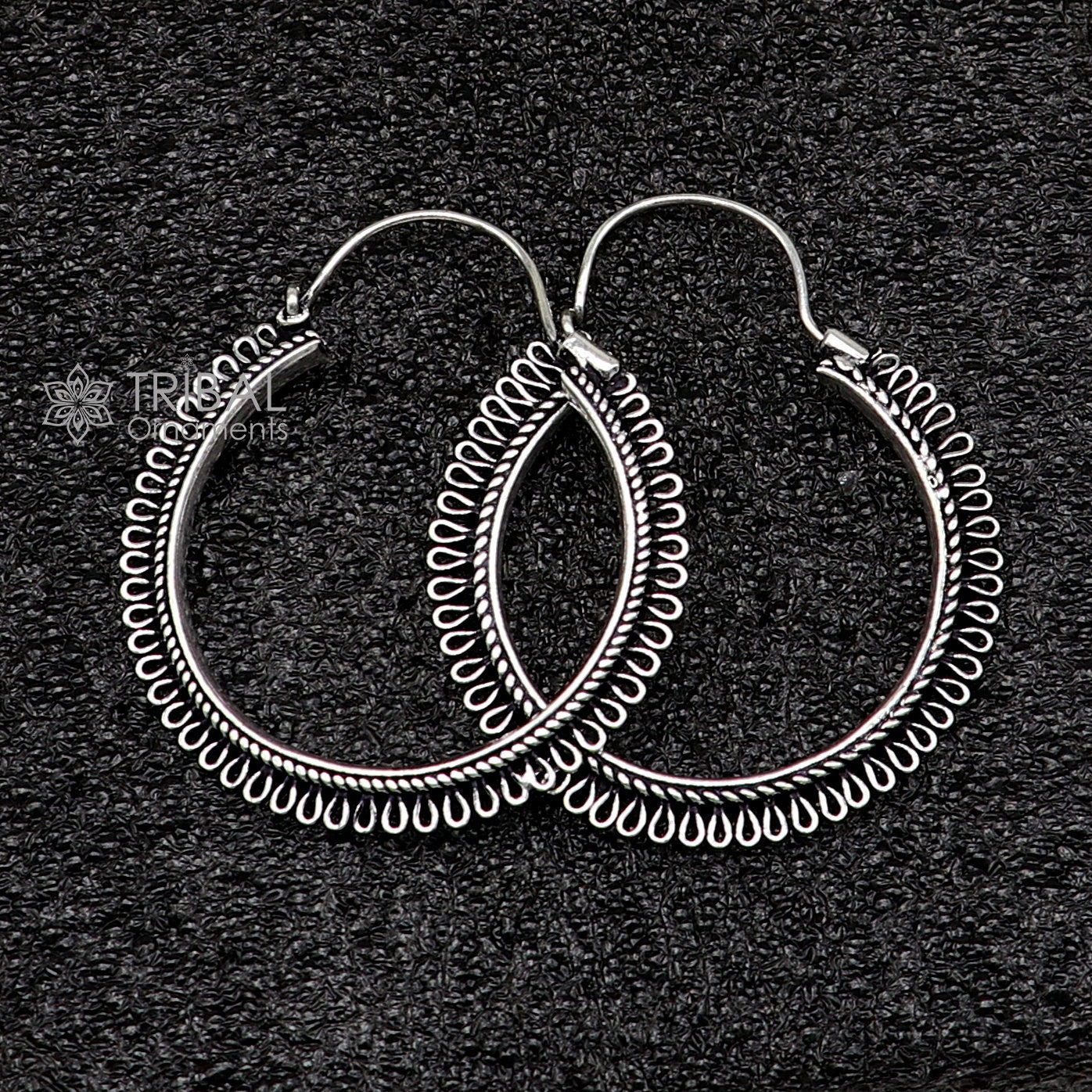 Sterling silver tribal hoop earrings with unique round design, ethnic style, hanging earrings, jewelry by TRIBAL ORNAMENTS