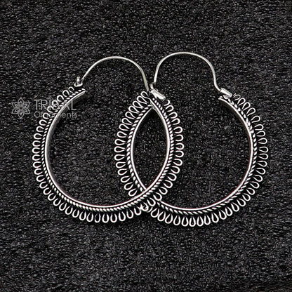 Sterling silver tribal hoop earrings with unique round design, ethnic style, hanging earrings, jewelry by TRIBAL ORNAMENTS