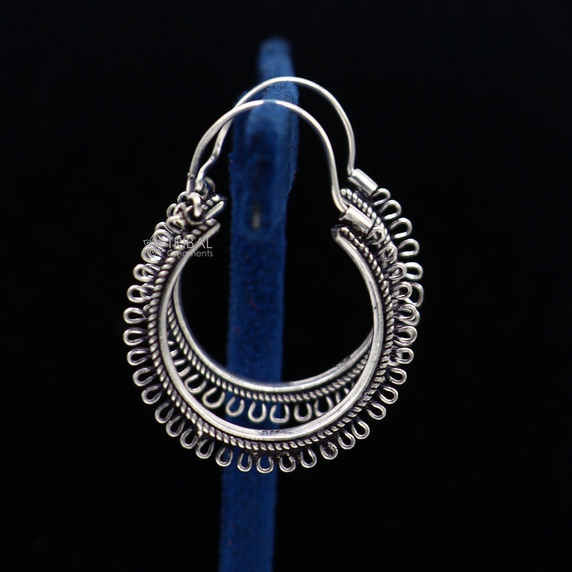 Sterling silver tribal hoop earrings with unique round design, hanging style, ethnic jewelry by TRIBAL ORNAMENTS.