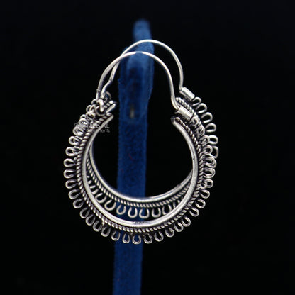 Sterling silver tribal hoop earrings with unique round design, hanging style, ethnic jewelry by TRIBAL ORNAMENTS.