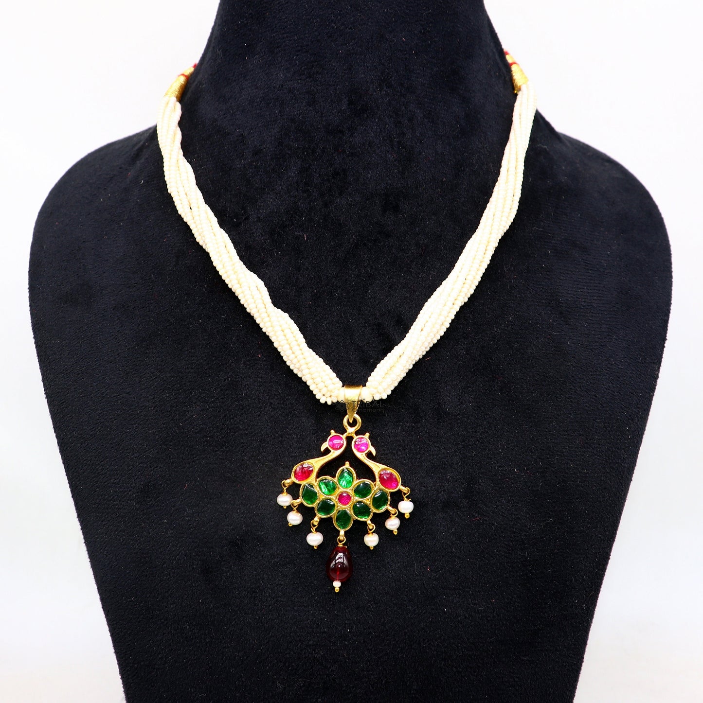 Sterling silver India traditional kundan work pendant with peacock design, multiline pearl necklace set from Tribal Ornaments.