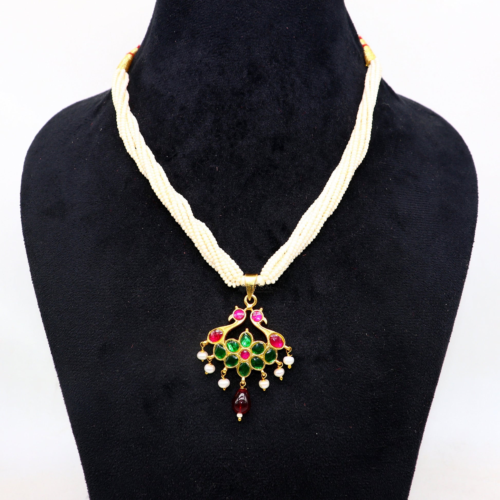Sterling silver India traditional kundan work pendant with peacock design, multiline pearl necklace set from Tribal Ornaments.