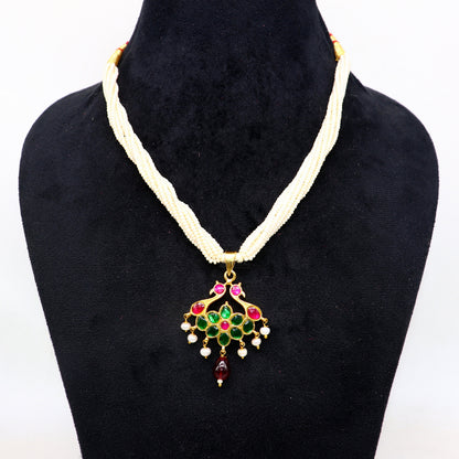 Sterling silver India traditional kundan work pendant with peacock design, multiline pearl necklace set from Tribal Ornaments.