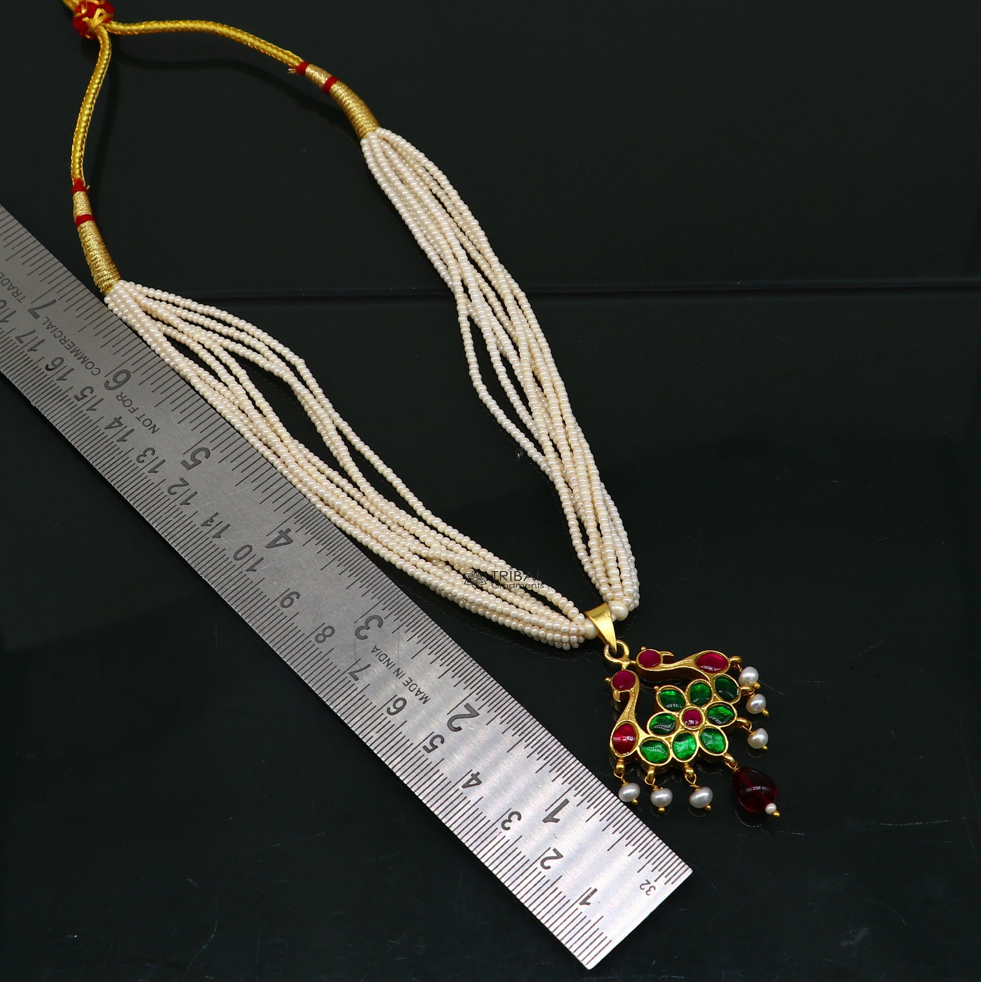 Sterling silver India traditional kundan work pendant with multi-line pearl strings and peacock design in jewelry set by TRIBAL ORNAMENTS.