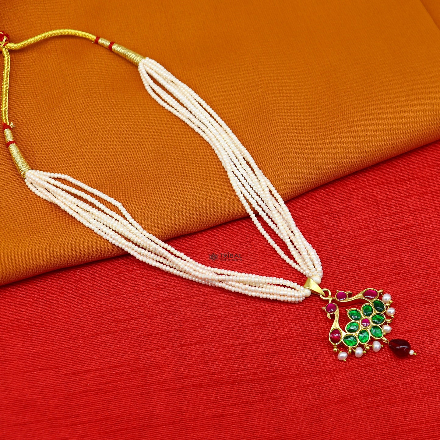 Sterling silver India traditional kundan pendant with peacock design, multi-strand pearl necklace, tribal ornaments jewelry set.