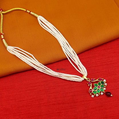 Sterling silver India traditional kundan pendant with peacock design, multi-strand pearl necklace, tribal ornaments jewelry set.