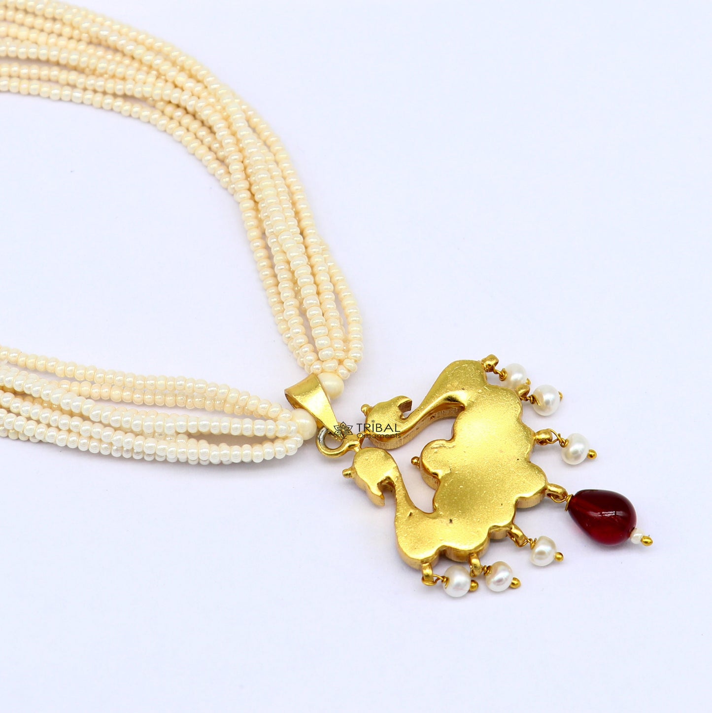 Sterling silver India traditional kundan work pendant with peacock design, paired with multiline pearl string necklace, jewelry set.