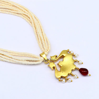 Sterling silver India traditional kundan work pendant with peacock design, paired with multiline pearl string necklace, jewelry set.