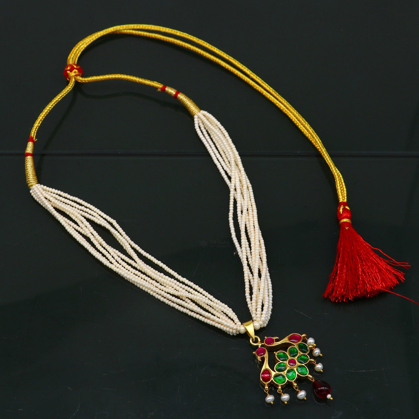 Sterling silver India traditional kundan work pendant with multiline pearl strings and peacock design necklace set by Tribal Ornaments