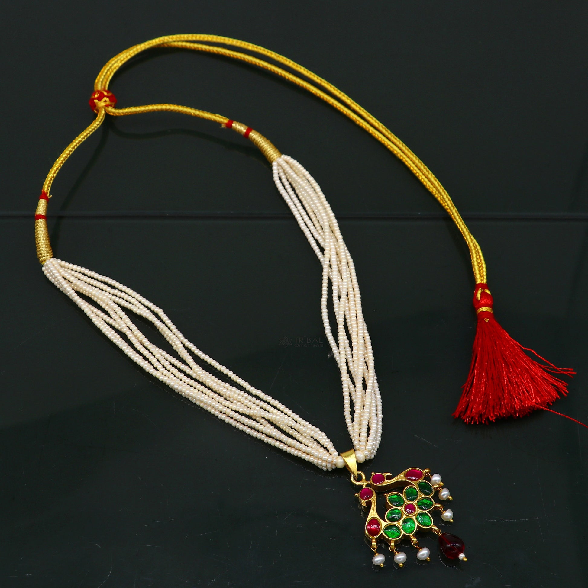 Sterling silver India traditional kundan work pendant with multiline pearl strings and peacock design necklace set by Tribal Ornaments