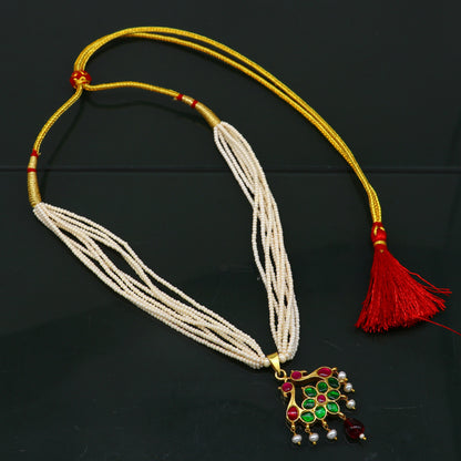 Sterling silver India traditional kundan work pendant with multiline pearl strings and peacock design necklace set by Tribal Ornaments