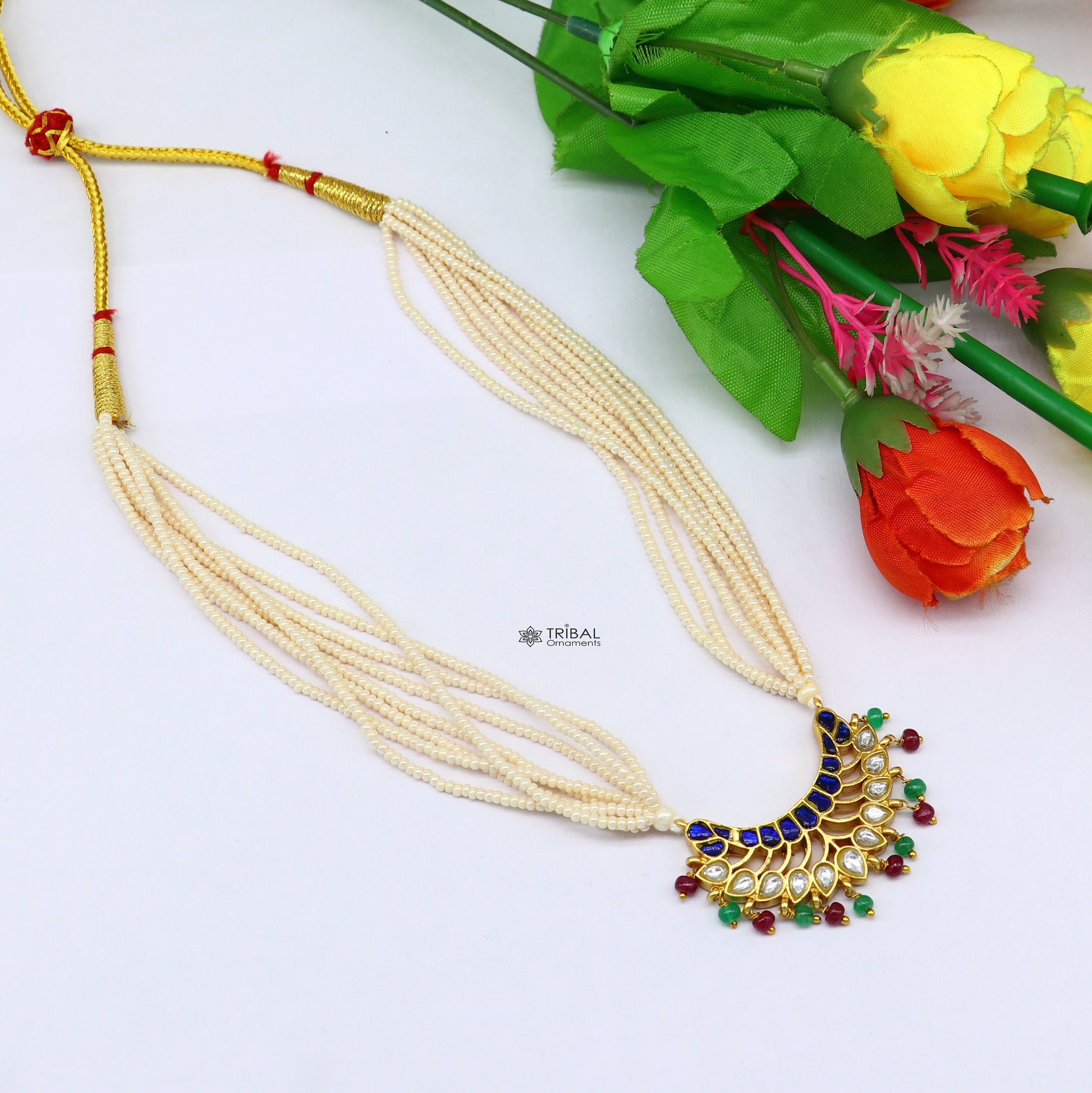 Sterling silver India traditional kundan work pendant with multilevel pearl strings and peacock design jewelry set by Tribal Ornaments
