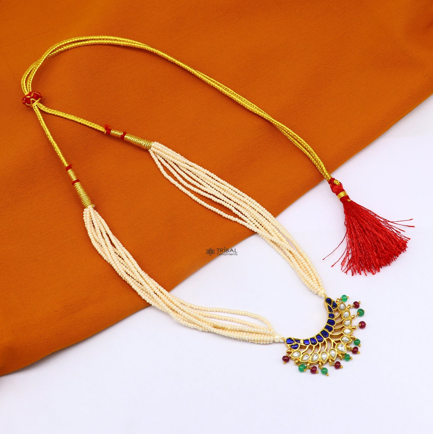 Sterling silver India traditional kundan pendant necklace with pearls and peacock design, part of Tribal Ornaments jewelry set.