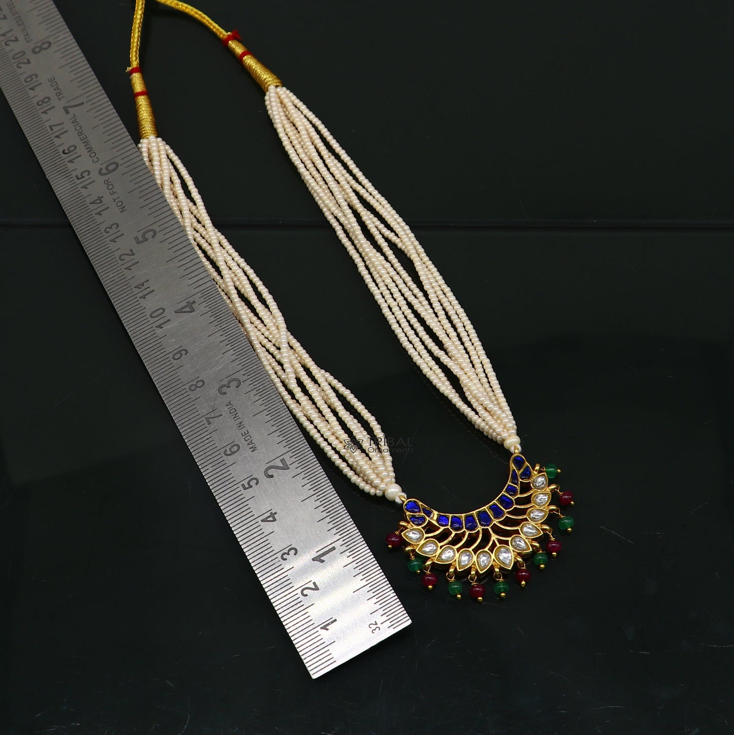 Sterling silver Indian traditional kundan work pendant with multicolor pearls and peacock design, part of jewelry set by Tribal Ornaments.