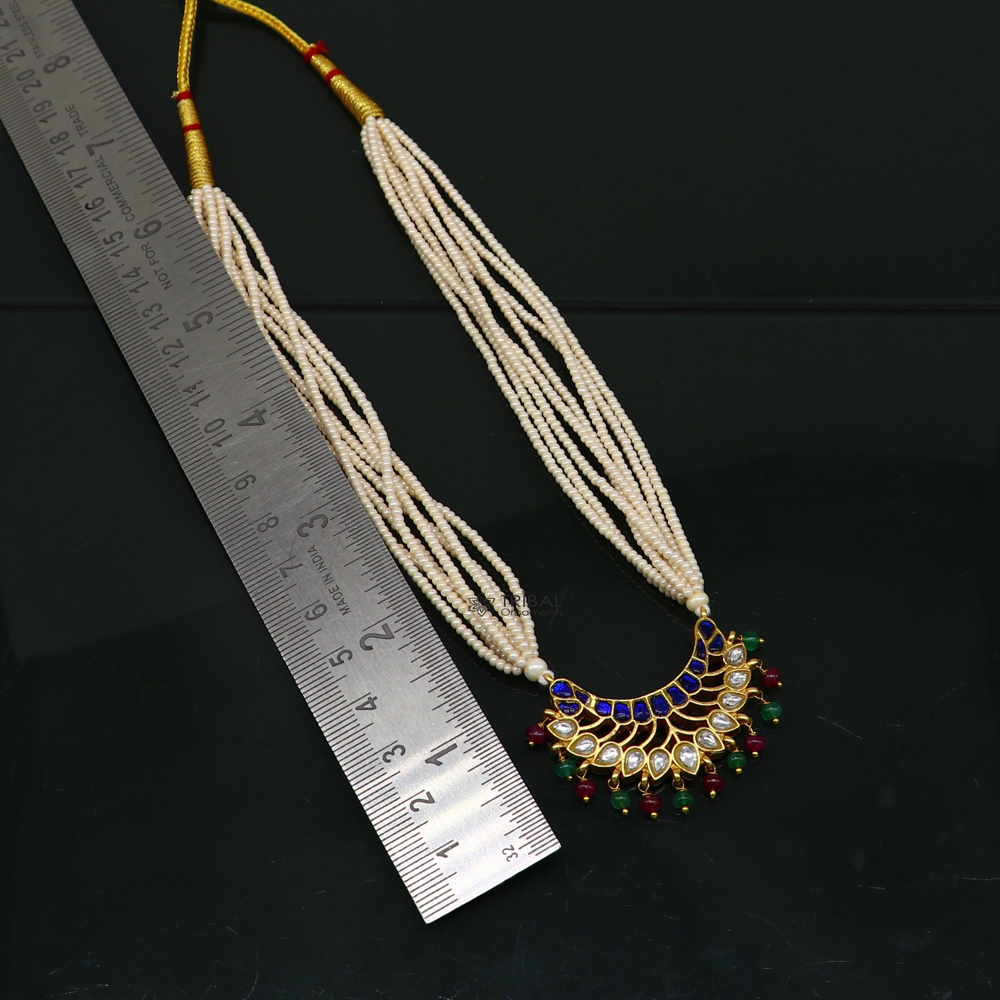 Sterling silver Indian traditional kundan work pendant with multicolor pearls and peacock design, part of jewelry set by Tribal Ornaments.