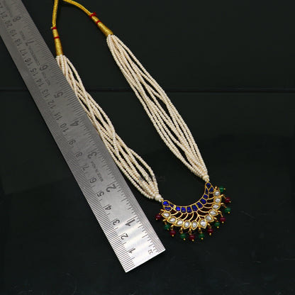 Sterling silver Indian traditional kundan work pendant with multicolor pearls and peacock design, part of jewelry set by Tribal Ornaments.