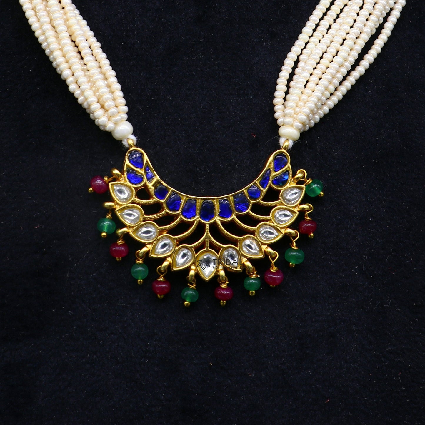 Sterling silver India traditional kundan work pendant with peacock design, paired with multi-line pearl strings necklace, tribal jewelry set.
