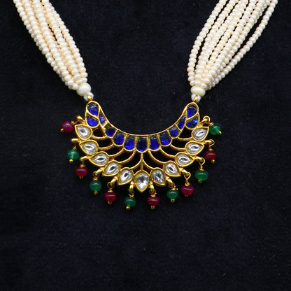 Sterling silver India traditional kundan work pendant with peacock design, paired with multi-line pearl strings necklace, tribal jewelry set.