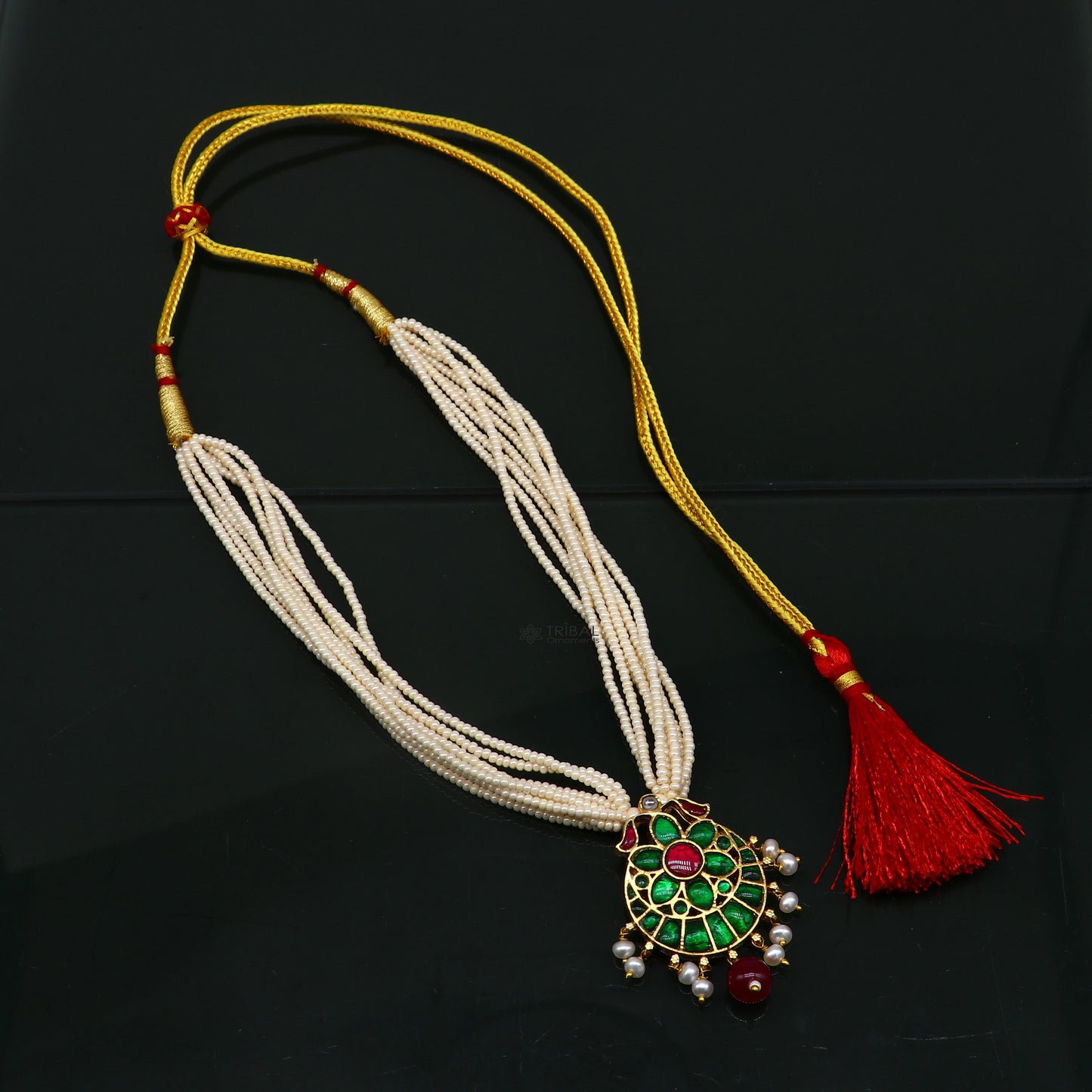 Sterling silver India traditional kundan work pendant with peacock design, multicolline pearl necklace jewelry set by Tribal Ornaments