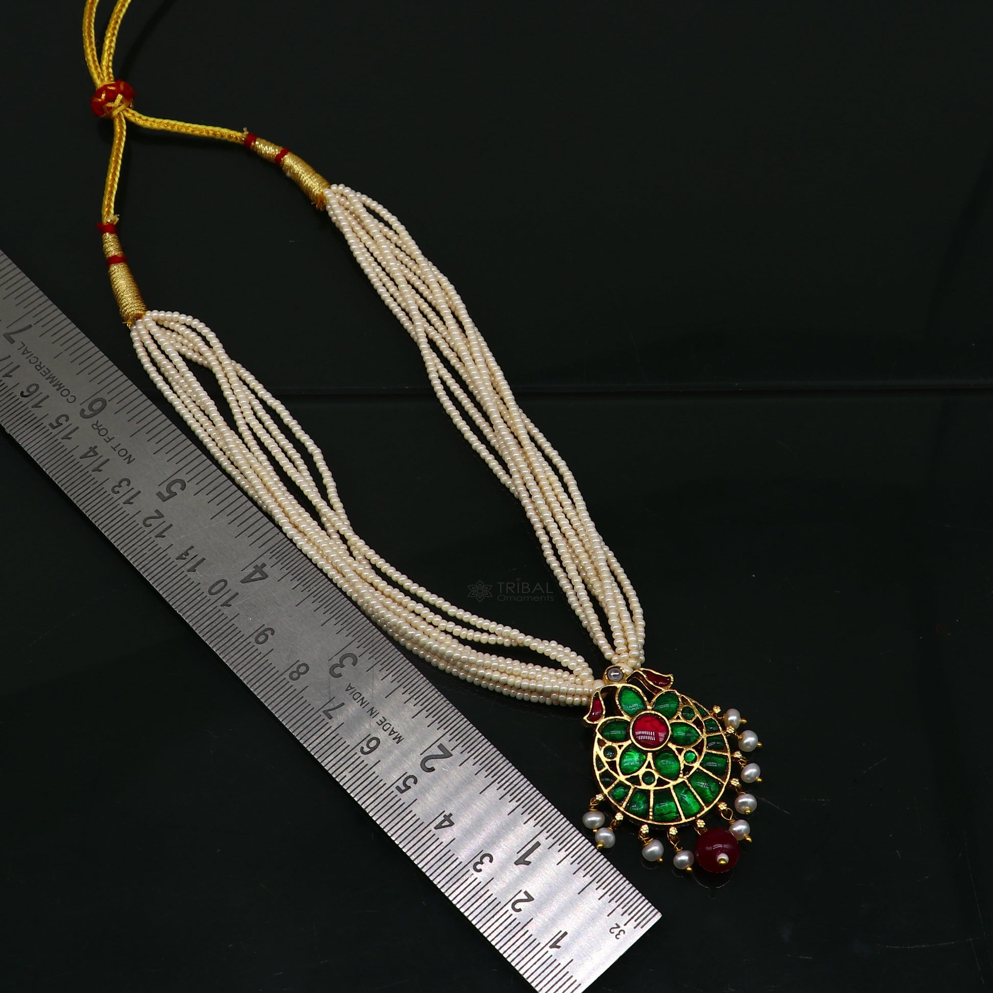 Sterling silver India traditional kundan pendant with peacock design, paired with multiline pearl strings necklace, tribal jewelry set.
