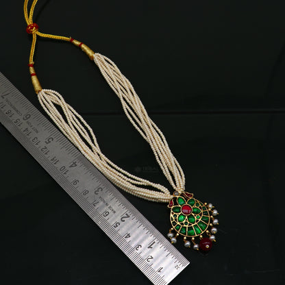 Sterling silver India traditional kundan pendant with peacock design, paired with multiline pearl strings necklace, tribal jewelry set.