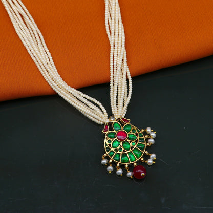 Sterling silver India traditional kundan work pendant with multiline pearl strings and peacock design in jewelry set by Tribal Ornaments.