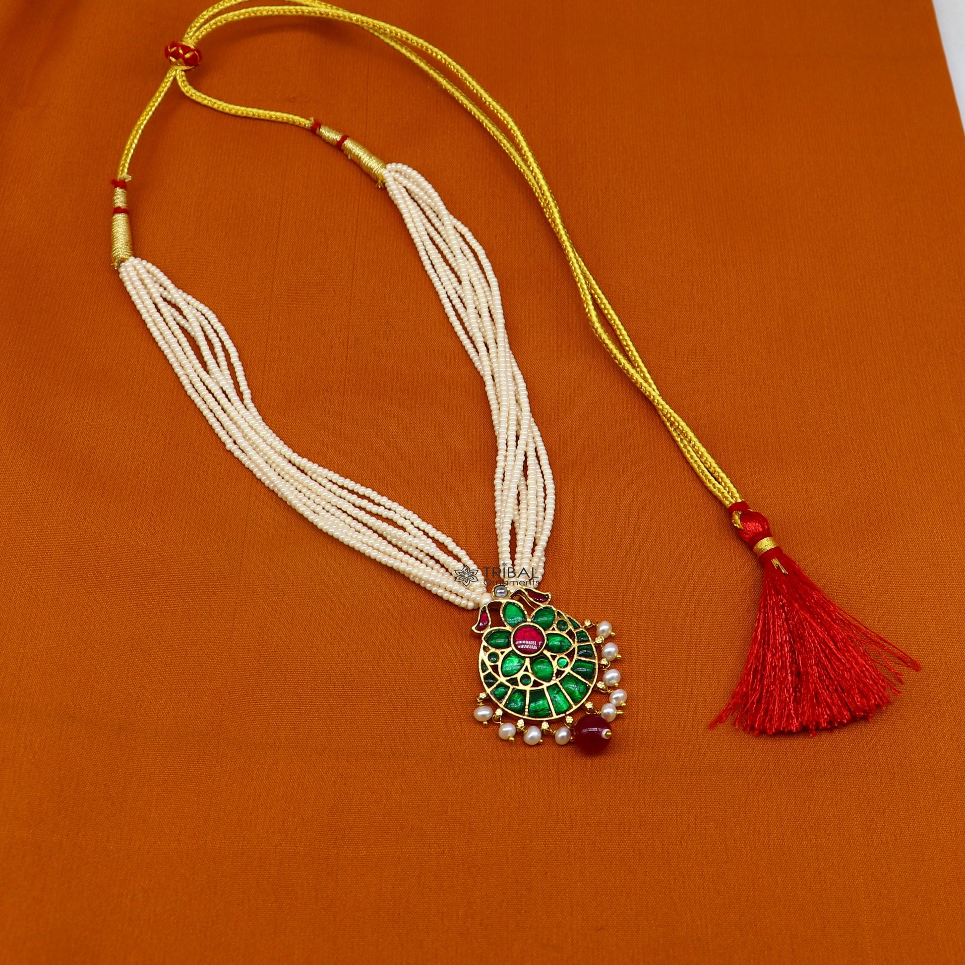 Sterling silver India traditional kundan work pendant with peacock design, multistrand pearl necklace, tribal ornaments jewelry set