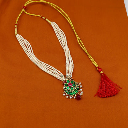 Sterling silver India traditional kundan work pendant with peacock design, multistrand pearl necklace, tribal ornaments jewelry set