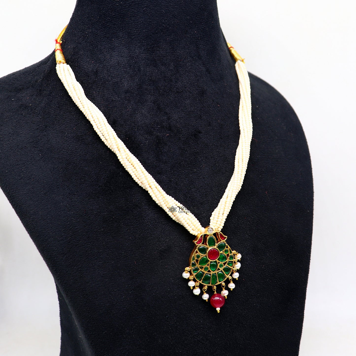Sterling silver Indian traditional kundan work pendant with peacock design, multistrand pearl necklace, tribal ornaments jewelry set