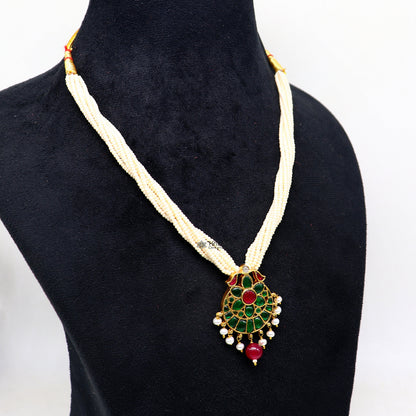 Sterling silver Indian traditional kundan work pendant with peacock design, multistrand pearl necklace, tribal ornaments jewelry set