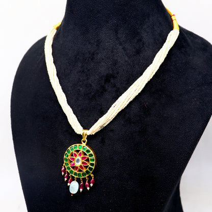 Sterling silver India traditional kundan work pendant necklace with multilayered pearl strings, ideal for brides and cultural jewelry.