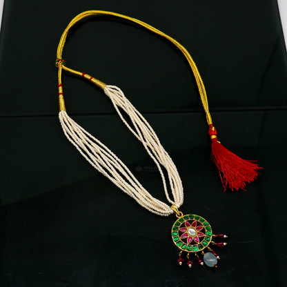 Sterling silver India traditional kundan work pendant necklace with multiline pearl strands, ideal for bridal jewelry.