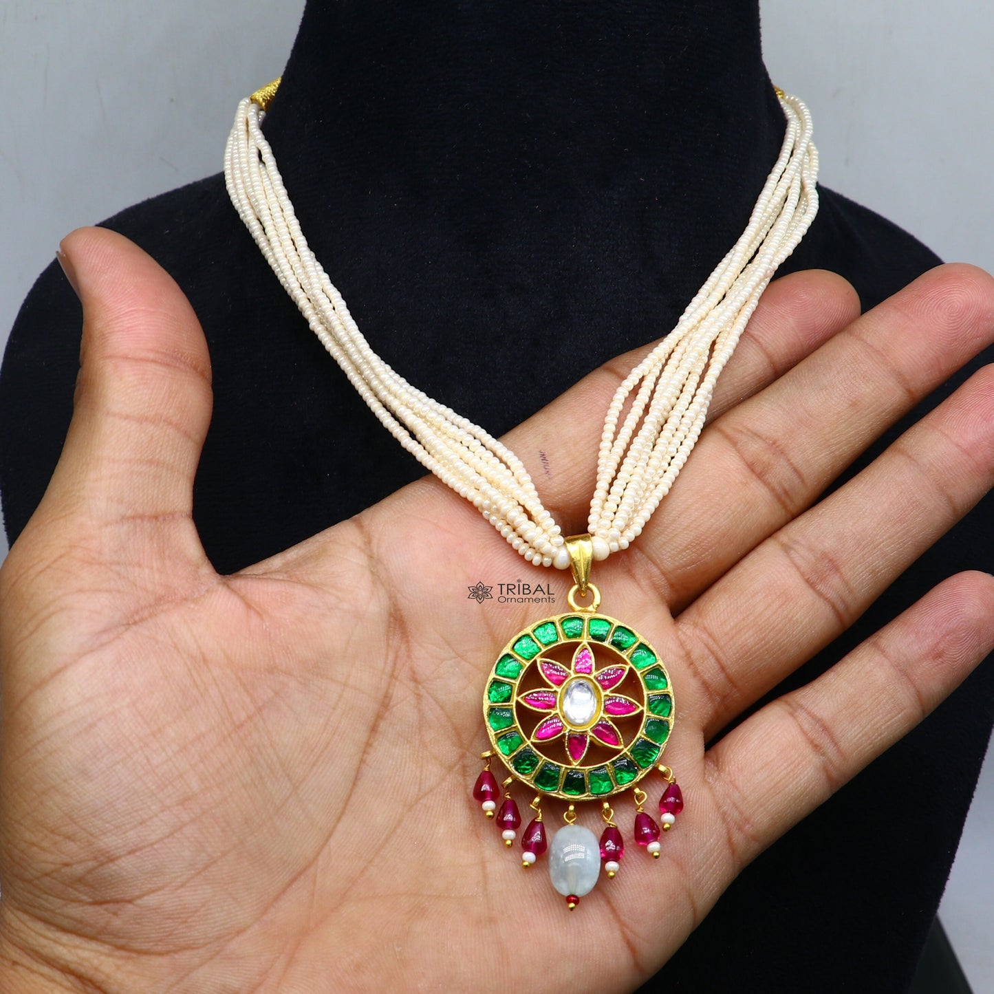 Sterling silver Indian traditional kundan work pendant necklace with multiline pearl strings, ideal bridal jewelry set.